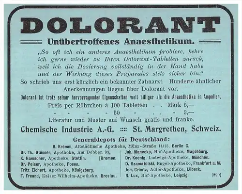 original Werbung - 1913 - Dolorant , St. Margrethen , Schweiz , Zahnarzt , Stomatologe , Zähne , Dental !!!