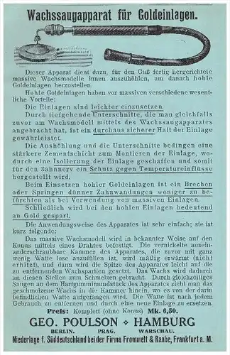 original Werbung - 1913 - Wachssaugapparat für Goldzähne , G. Poulson , Hamburg  Zahnarzt , Stomatologe , Zähne , Dental