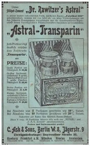 original Werbung - 1913 - Astral Transpirin , C. Ash & Sohn in Berlin , Zahnarzt , Stomatologe , Zähne !!