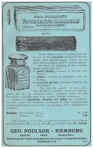 original Werbung - 1913 - G. Poulson in Hamburg , Silberplombe , Zahnarzt , Stomatologe , Zähne !!!