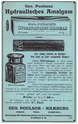 original Werbung - 1913 - hydraulisches Amalgam , G. Poulson in Hamburg , Zahnarzt , Stomatologe , Zähne !!!