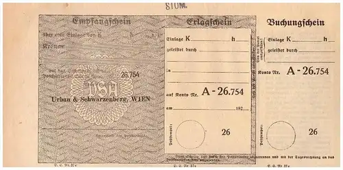 original Empfangsschein / Erlagschein 1924  - Urban & Schwarzenberg in Wien , Post , Sparkasse !!!