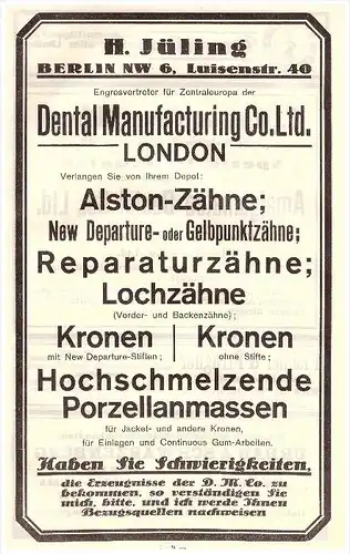 original Werbung - 1924 - DENTAL Manufacturing , H. Jüling in Berlin , Zahnarzt , Dermatologe , Stomatologe , Zähne !!!