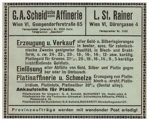original Werbung - 1924 - G.A. Scheid in Wien , Platin , Zahnarzt , Dermatologe , Stomatologe , Zähne !!!