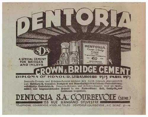 original Werbung - 1924 - Crown & Bridge Cement in Courbevoie , Zahnarzt , Dermatologe , Stomatologe , Zähne !!!