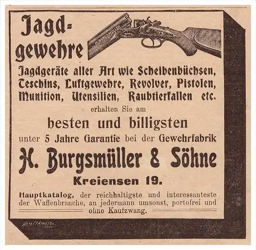 original Werbung - 1907 - Jagdgewehr , Burgsmüller & Söhne in Kreiensen b. Einbeck , Jagd , Gewehr !!!