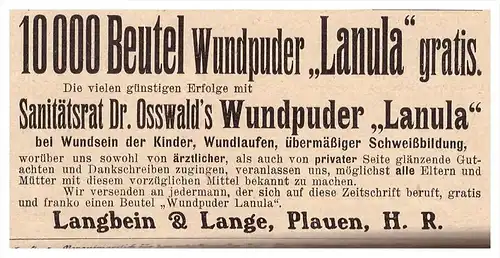 original Werbung - 1907 - Wundpuder LANULA , Langbein & Lange in Plauen , Arzt , Apotheke !!!