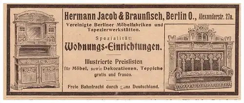 original Werbung - 1907 - H. Jacob & Braunfisch in Berlin , Wohnungseinrichtungen , Möbel !!!