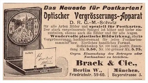 original Werbung - 1907 - Optischer Vergrößerungsapparat für Postkarten , Brack & Cie. in Berlin !!!
