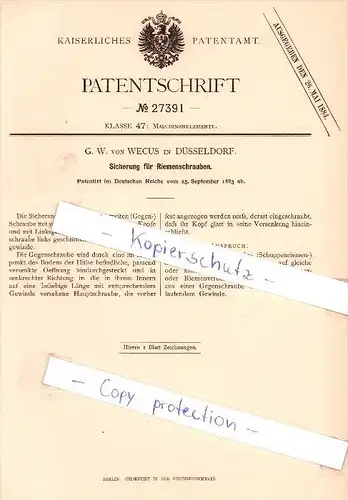 Original Patent  - G. W. von Wecus in Düsseldorf  , 1883 , Sicherung für Riemenschrauben !!!