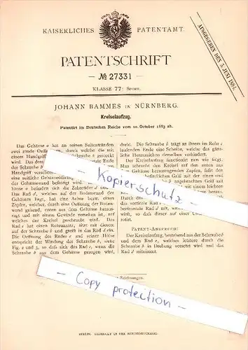 Original Patent  - Johann Bammes in Nürnberg , 1883 , Aufzug für Kreisel , Brummkreisel , Spielzeug !!!