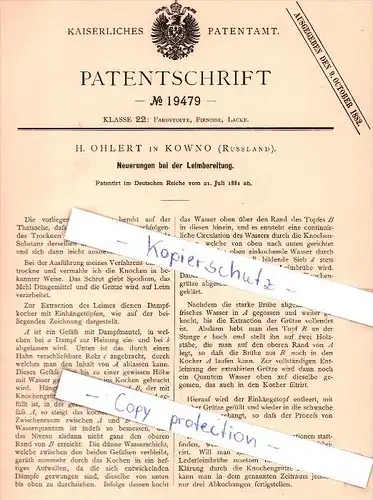 Original Patent  - H. Ohlert in Kowno / Kaunas , Russland , 1881 , Neuerung an Leimbereitung , Kauen !!!