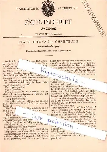 Original Patent  - Franz Quednau in Christburg / Dzierzgon , 1884 , Thürschloßbefestigung , Pommern !!!