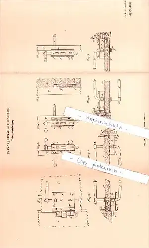 Original Patent  - Franz Quednau in Christburg / Dzierzgon , 1884 , Thürschloßbefestigung , Pommern !!!