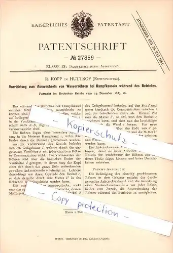 Original Patent  - R. Kopp in Huttrop b. Essen , 1883 , Wasserröhren bei Dampfkesseln !!!