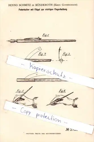 Original Patent  - B. Schmitz in Ründeroth b. Engelskirchen , Krs. Gummersbach , 1883 , Federhalter mit Flügel  !!!