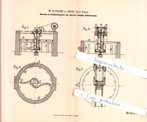Original Patent  - W. Gutsche in Grätz / Grodzisk Wielkopolski , 1885 , Schlämmmaschine !!!