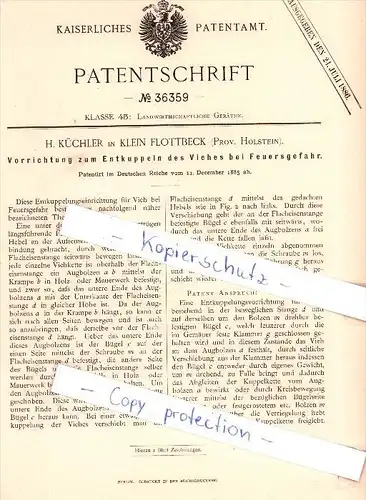 Original Patent  - H. Küchler in Klein Flottbek b. Hamburg , 1885 , Entkuppeln des Viehes bei Feuergefahr !!!