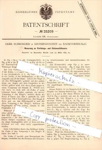 Original Patent  - Gebr. Schroeder in Eistringhausen bei Radevormwald , 1883 , Schlosserei !!!