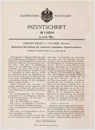 Original Patentschrift - C. Keller in Vilvoorde , 1899 , Explosions - Sicherheitsvorrichtung,. Zünder !!!