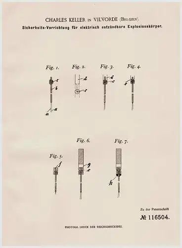 Original Patentschrift - C. Keller in Vilvoorde , 1899 , Explosions - Sicherheitsvorrichtung,. Zünder !!!