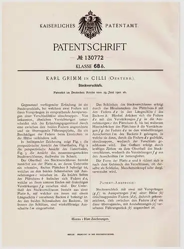 Original Patentschrift - Karl Grimm in Cilli / Celje , Steiermark , 1901 , Steckverschluß  , Slowenien !!!
