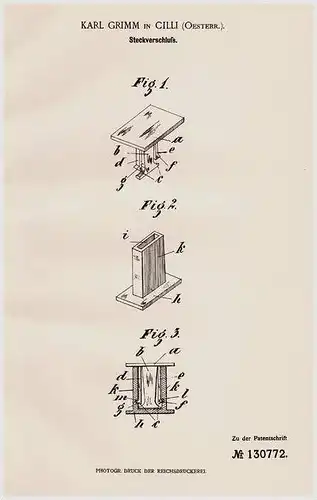 Original Patentschrift - Karl Grimm in Cilli / Celje , Steiermark , 1901 , Steckverschluß  , Slowenien !!!