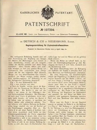 Original Patentschrift - Dietrich & Cie in Niederbronn , Elsass ,1899, Regelung - Explosionskraftmaschinen , Automobile