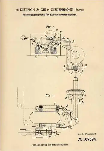 Original Patentschrift - Dietrich & Cie in Niederbronn , Elsass ,1899, Regelung - Explosionskraftmaschinen , Automobile