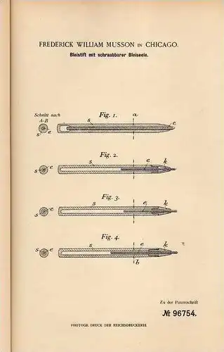Original Patentschrift - F. Musson in Chicago , 1896 , Bleistift , Faber , Pelikan !!!