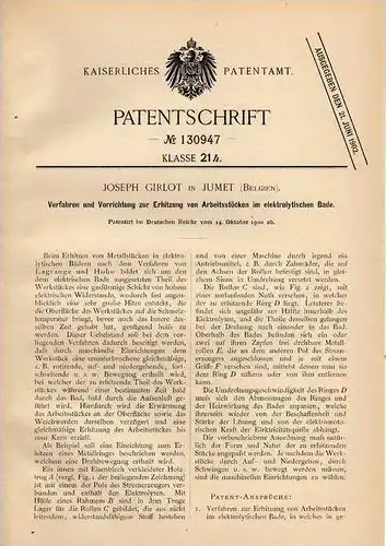 Original Patentschrift - J. Girlot in Jumet , 1900 , Erhitzung im elektrolytischen Bad  !!!