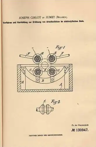 Original Patentschrift - J. Girlot in Jumet , 1900 , Erhitzung im elektrolytischen Bad  !!!