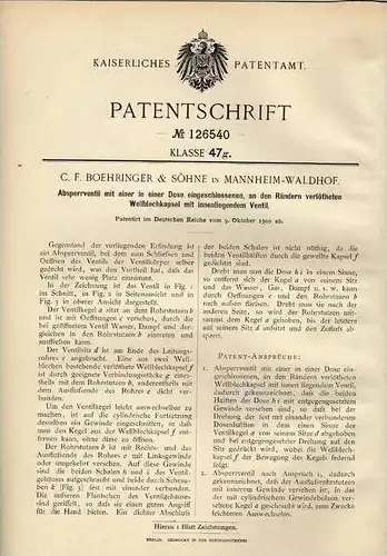 Original Patentschrift - C.F. Boehringer & Söhne in Mannheim - Waldhof ,1900, Sperrventil , Metallbau !!!