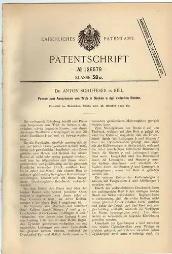 Original Patentschrift -  Dr. Anton Schifferer in Kiel , 1900, Presse für Säcke , Landwirtschaft !!