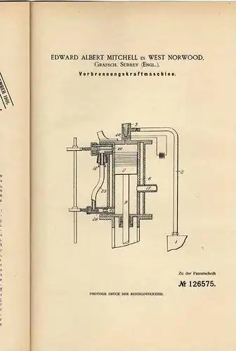 Original Patentschrift - E.A. Mitchell in West Norwood , 1899 , Kraftmaschine !!!