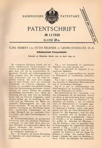 Original Patentschrift - C. Seibert und O. Fichner in Gross Strehlitz , O.-S. , 1899 , Telephon - Apparat , Fernsprecher