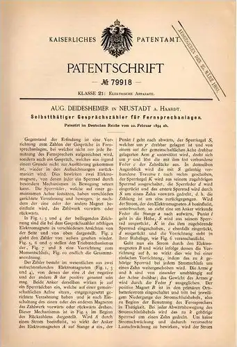 Original Patentschrift - A. Deidesheimer in Neustadt a. Haardt , 1894 , Gesprächszähler für Fernsprecher , Telephon !!!