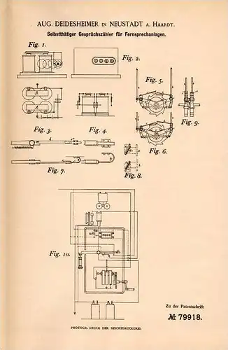 Original Patentschrift - A. Deidesheimer in Neustadt a. Haardt , 1894 , Gesprächszähler für Fernsprecher , Telephon !!!