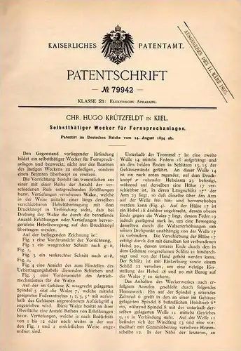 Original Patentschrift - C. Krützfeldt in Kiel , 1894 , Wecker für Fernsprecher , Telephon , Telegraph , Beamte , Amt !!