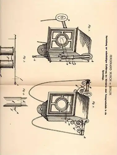 Original Patentschrift - F. Nusch in Berlin , 1891 , Telephon , Hörrohr für Fernsprecher , Telefon !!!