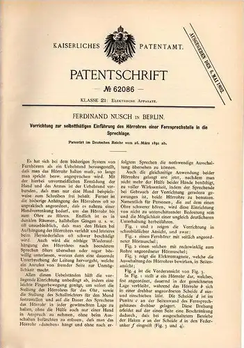 Original Patentschrift - F. Nusch in Berlin , 1891 , Telephon , Hörrohr für Fernsprecher , Telefon !!!