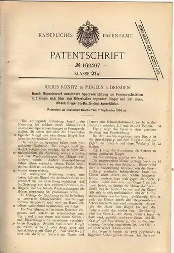 Original Patentschrift - J. Rönitz in Mügeln b. Dresden , 1904 , Fernsprecher mit Münzeinwurf , Telephon !!!