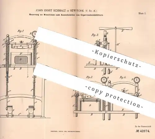 original Patent - John Ernst Schmalz , New York , USA , 1887 , Ausschneiden der Zigarren - Deckblätter | Tabak