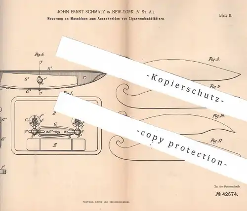 original Patent - John Ernst Schmalz , New York , USA , 1887 , Ausschneiden der Zigarren - Deckblätter | Tabak