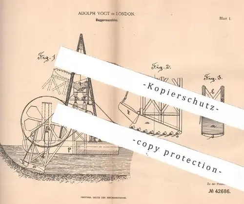 original Patent - Adolph Vogt , London , England , 1887 , Baggermaschine | Bagger | Wasserbau , Brunnenbau