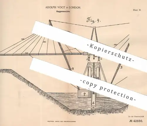 original Patent - Adolph Vogt , London , England , 1887 , Baggermaschine | Bagger | Wasserbau , Brunnenbau