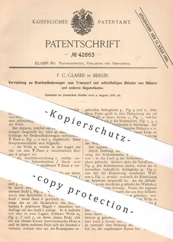 original Patent - F. C. Glaser , Berlin , 1887 , Drahtseilbahnwagen | Seilbahn , Bahn | Transport