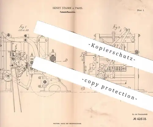 original Patent - Henry Stamm , Paris , Frankreich , 1887 , Fadenheftmaschine | Heftmaschine | Buchbinderei