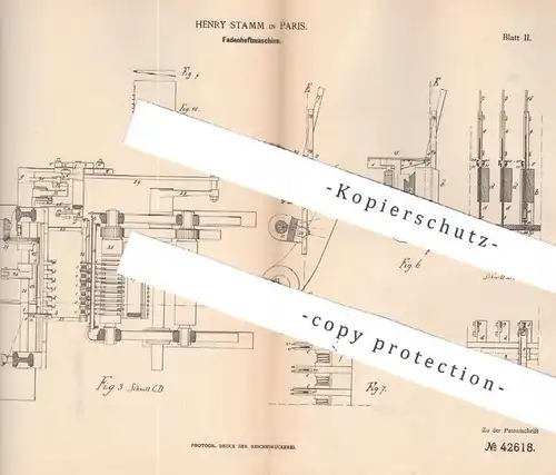 original Patent - Henry Stamm , Paris , Frankreich , 1887 , Fadenheftmaschine | Heftmaschine | Buchbinderei