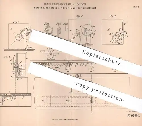 original Patent - James John Stockall , London , England , 1892 , Ermittlung der Arbeitszeit | Uhrwerk , Uhr , Zählwerk